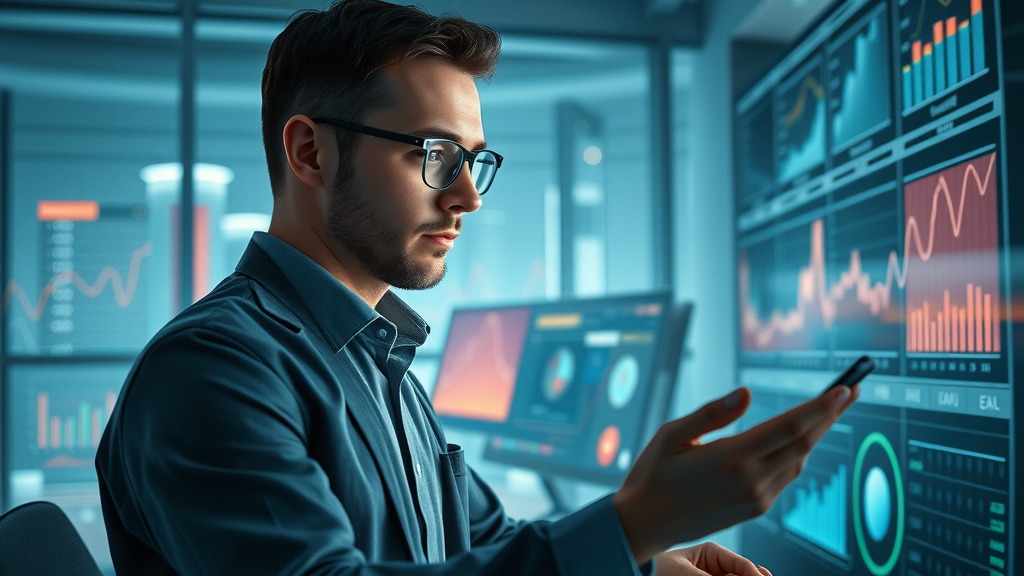 futuristic marketing analyst reviewing predictive analytics visualizations in a command center