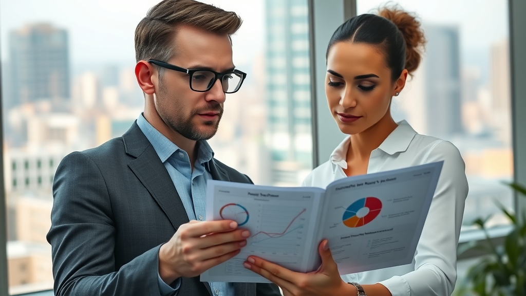 AI and content marketing consultant meeting with small business manager, reviewing digital reports, digital marketing analytics discussion