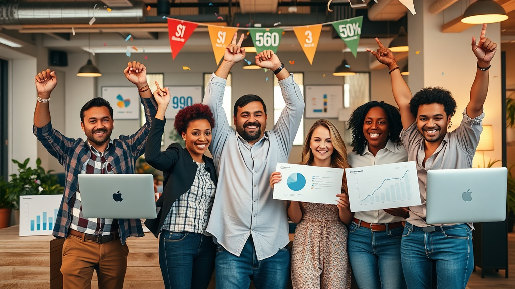 diverse group of small business owners celebrating cost-effective marketing campaign success in coworking space