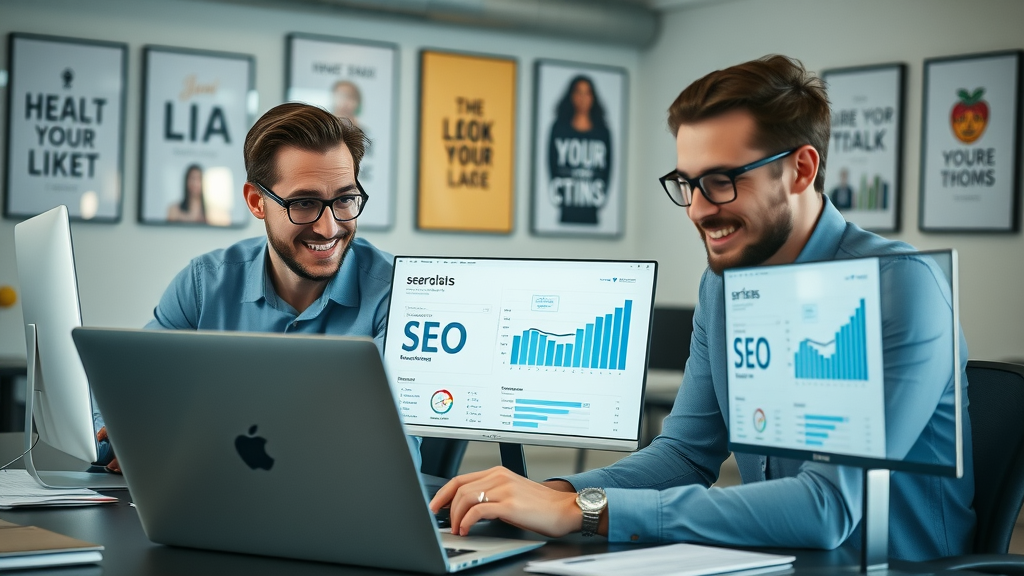 Business SEO team reviewing search engine optimization data