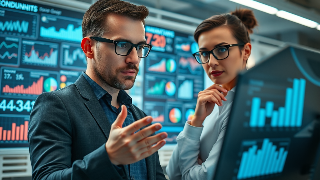 Digital marketers analyzing futuristic digital marketing trends charts and data visualizations in a modern office, interactive analytics dashboards on display