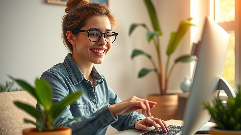 Aspiring marketer enrolling online in a digital marketing coaching program, digital age, home workspace, cheerful