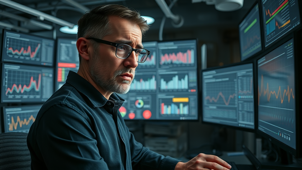 Overwhelmed marketer evaluating complex digital dashboard of content marketing tools and strategies