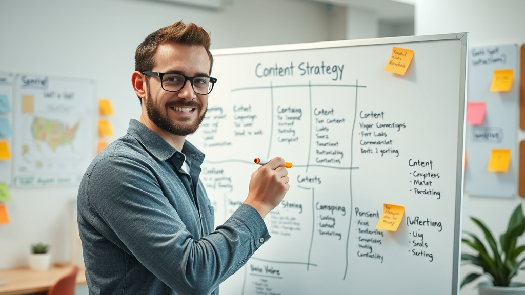 experienced marketer mapping a content marketing strategy on a whiteboard with campaign steps and creative notes