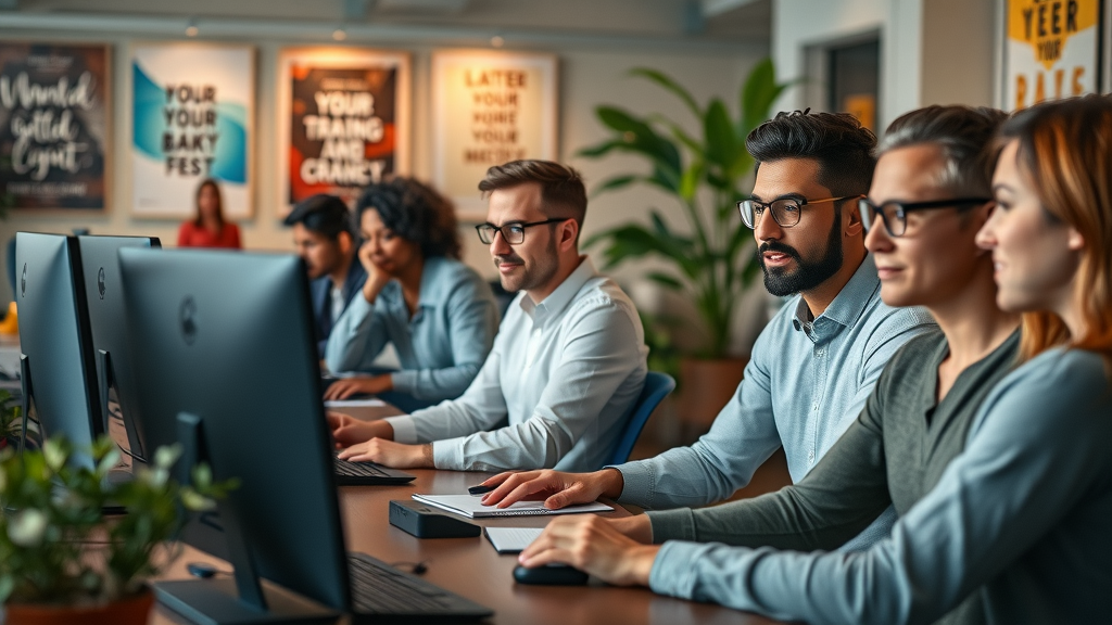 diverse group of professionals engaged in online content marketing training, watching training videos and taking notes at their computers