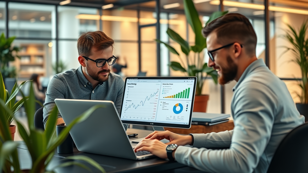 Entrepreneurs collaborating in a vibrant small business office, reviewing marketing dashboard for marketing automation for small businesses