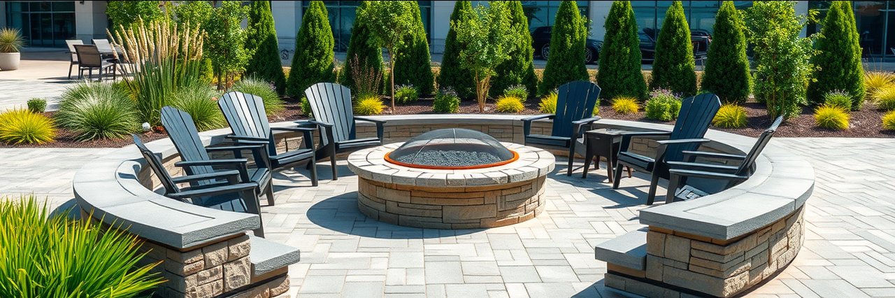 Modern commercial patio with fire pit and landscaping, showcasing professional Commercial Landscaping Services.