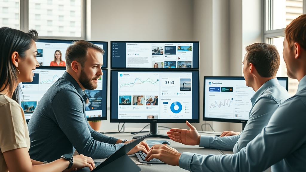 collaborative digital marketing team analyzing unified social media feeds and real-time analytics, future of content marketing, content strategy evolution