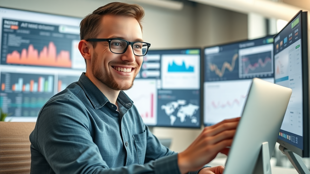 marketing manager reviewing artificial intelligence marketing tools analytics for email campaigns on modern office screens