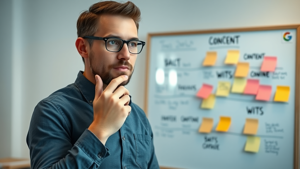 Confident digital marketer gesturing to digital content marketing strategy board, contemporary workspace, high fidelity, photorealistic