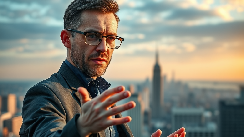 Visionary marketer strategizing with AI tools against a futuristic skyline background
