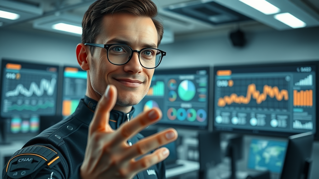 Futuristic AI interface illustrating marketing insights in a high-tech office setup