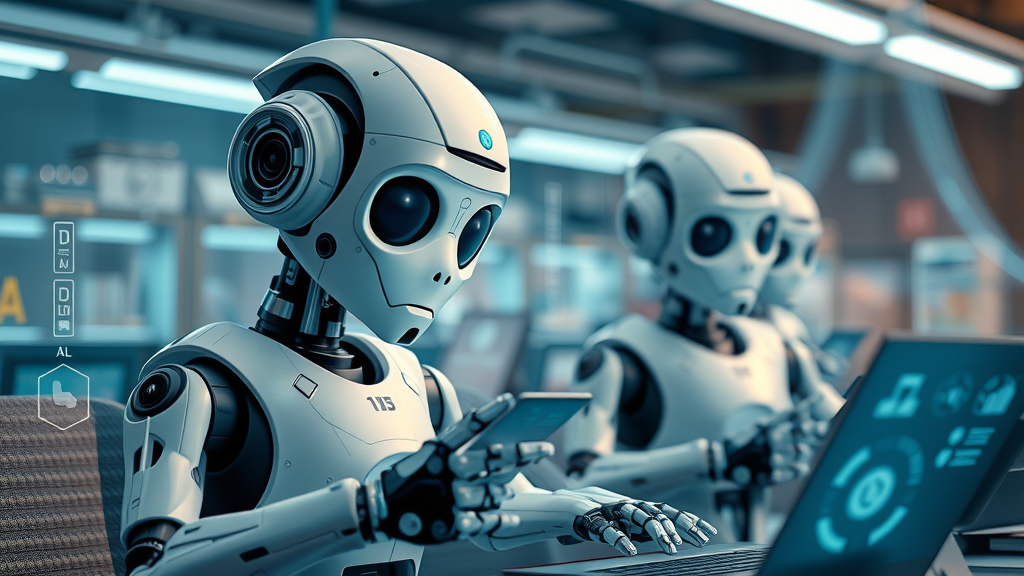 AI robots working on content creation in a futuristic workspace