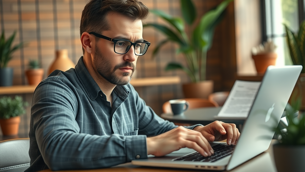 Content writer crafting quality SEO content in a lively coffee shop