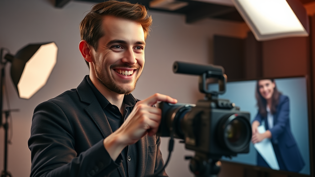 Marketer recording professional video for SEO content marketing in studio