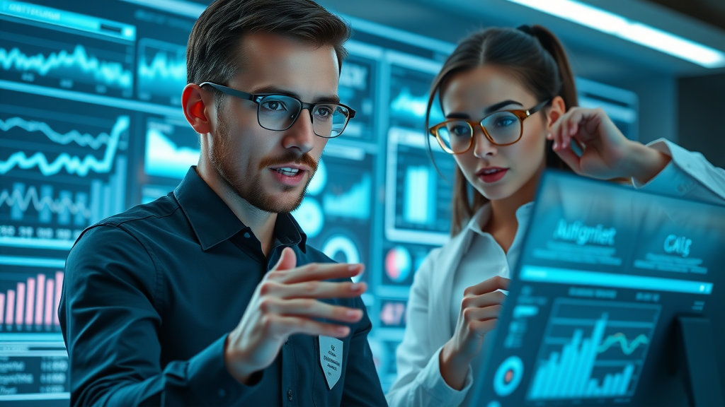 future of content marketing digital team analyzing data on digital displays, modern office with interactive dashboards, content marketing trends 2025