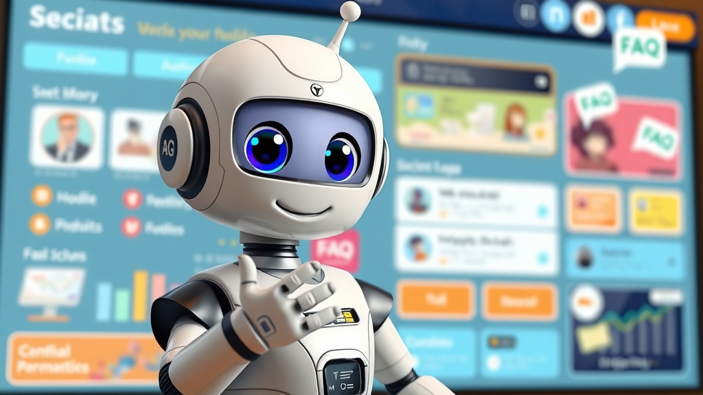 friendly chatbot avatar greeting small business website visitors, pointing at on-screen FAQs and product categories