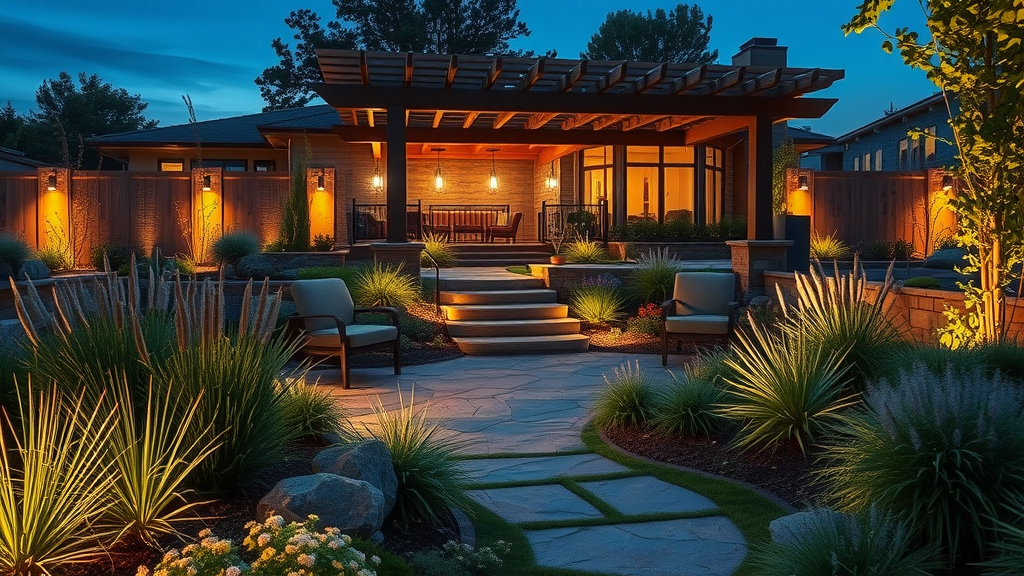 Landscape design build yard at dusk with lighting, pergola, pathways, and lush garden