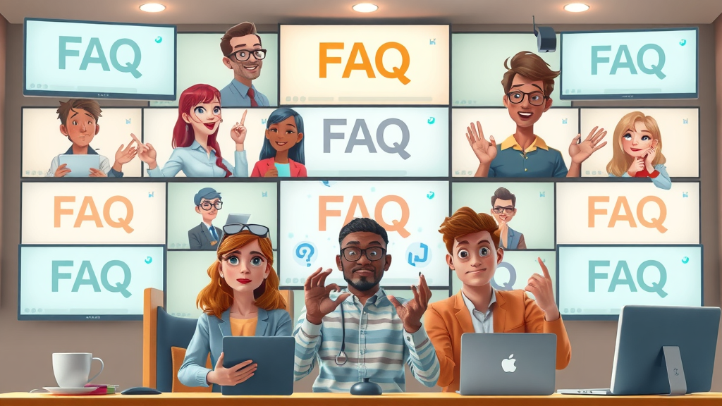 Compilation of digital screens showing FAQs for content marketing 2025, diverse team discussing answers, dynamic Q&A gestures, 3D cartoon style.