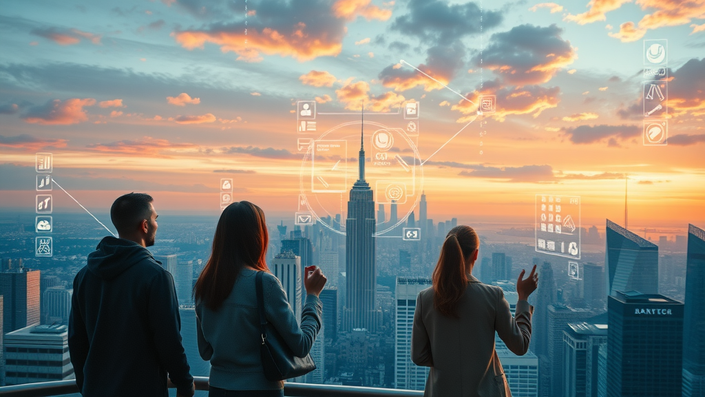 Marketers overlooking a digital skyline of AI data streams, future of AI in content marketing predictions, sunrise digital city