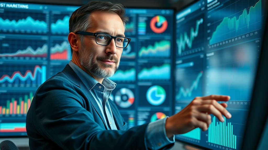 Digital marketing leader reviewing advanced analytics dashboard with predictive models and digital marketing trend charts for 2025