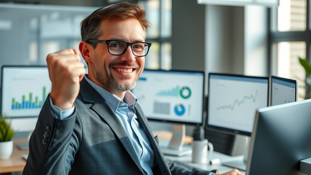 business owner reviewing positive data empowered by online marketing tools