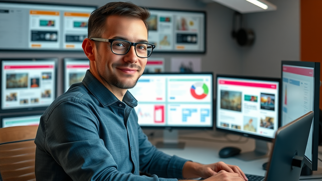 digital marketer creating omnichannel personalization strategy with device screens displaying landing pages and email previews
