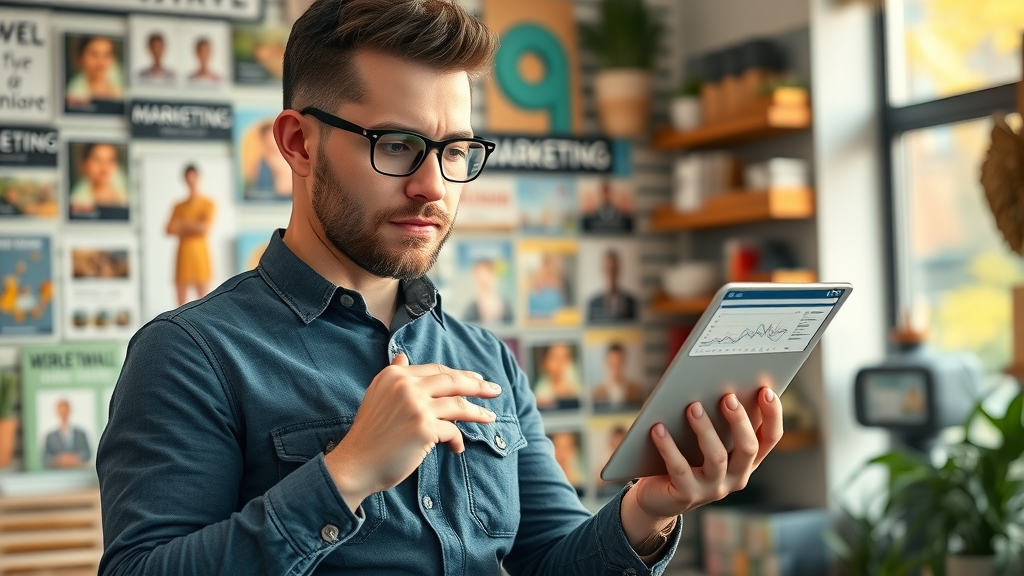 Small business owner analyzing marketing automation dashboard for marketing automation for small businesses
