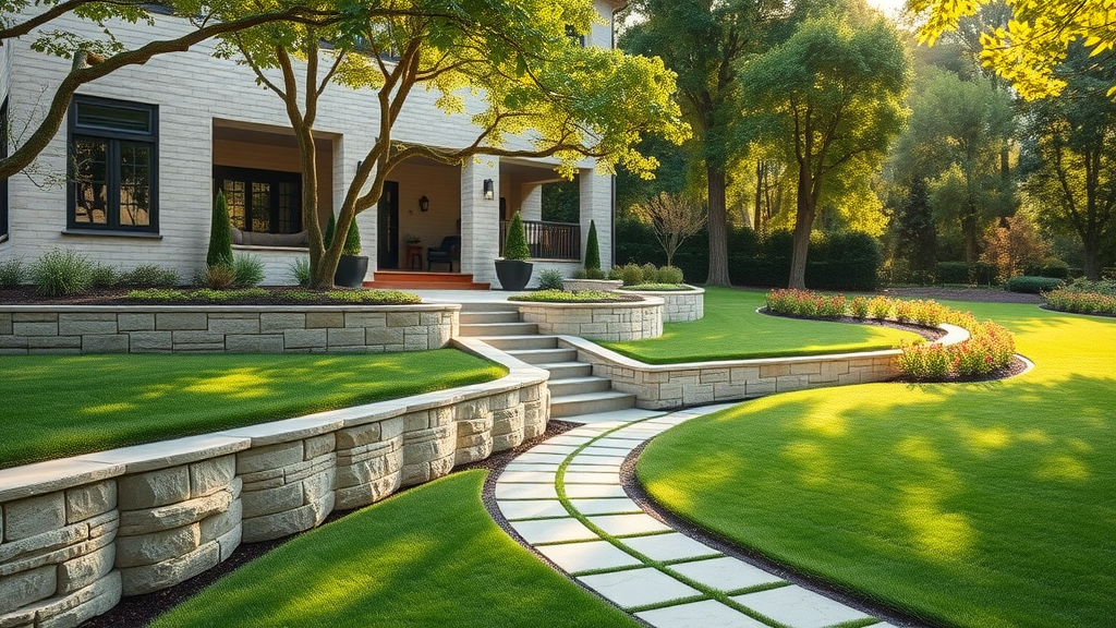 Retaining wall and walkways showcase hardscaping solutions for instant curb appeal