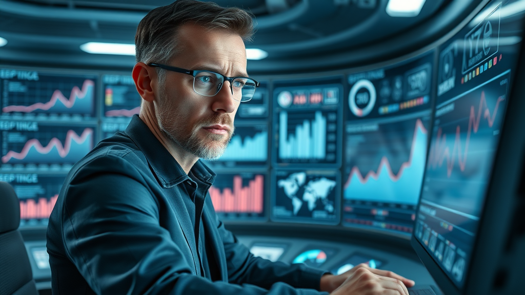 Analyst monitoring essential SEO marketing KPIs on digital dashboard