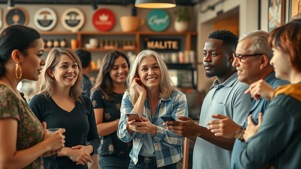 diverse group of ideal customers interacting with local small business, small business marketing