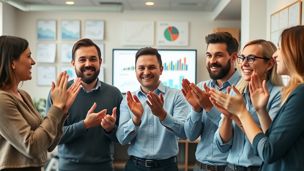 marketing automation software small business team celebrating success, analytics dashboard, automation results