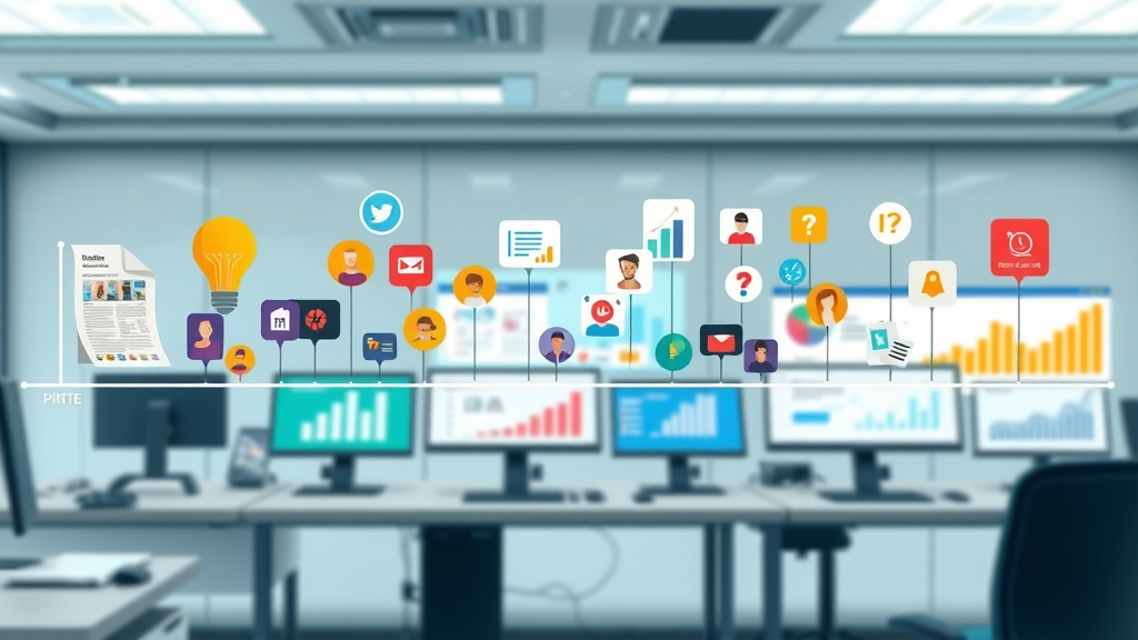 Dynamic digital timeline showing content marketing 2025 evolution from print to AI-powered digital strategy, icons and screens, colorful transitions