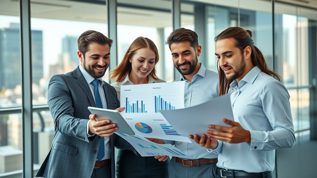 outsourced CMO solutions team collaborating over marketing reports, city skyline office, high-fidelity modern business team