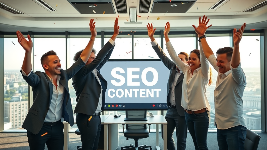 Marketing team celebrating SEO content marketing success story
