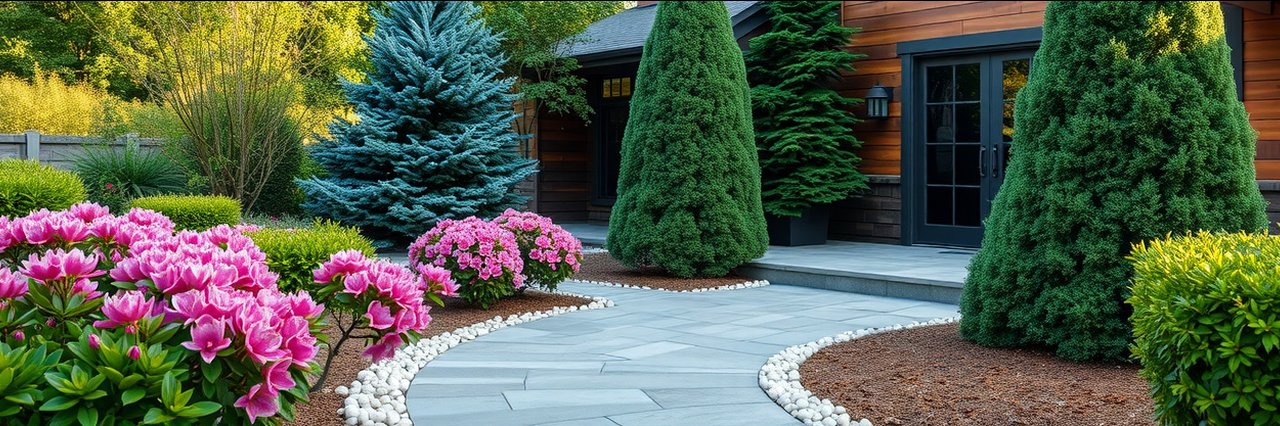 Modern hardscaping solutions for residential patio with lush landscaping.
