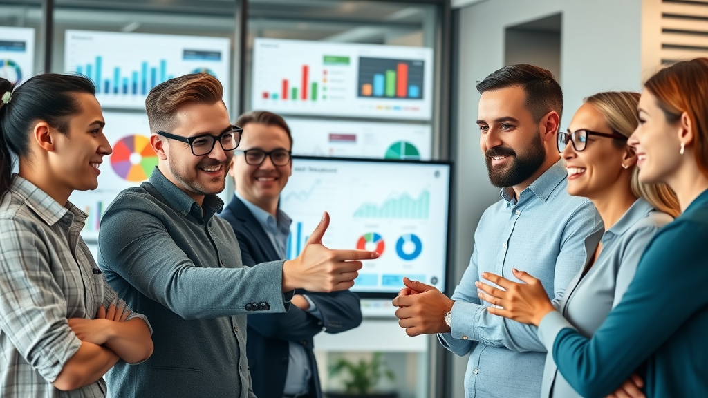 dynamic digital marketing team strategizing and collaborating, digital marketing strategies, modern office with dashboards
