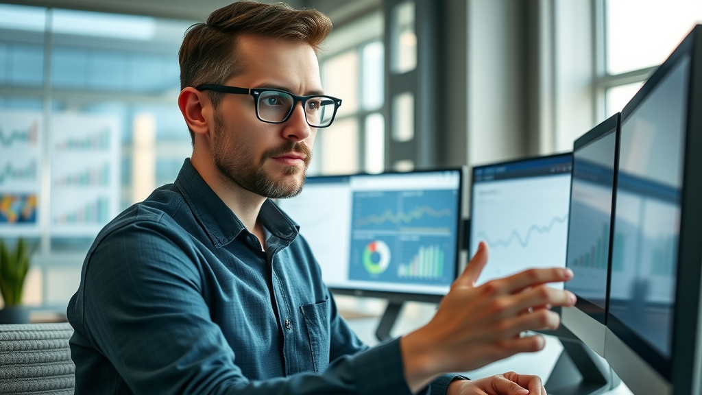 Social media manager analyzing target audience data for content strategy in a modern office - target audience, content strategy, social media market