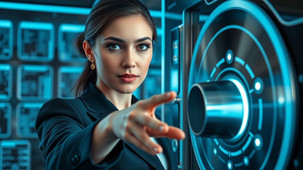 businesswoman locking digital vault to secure customer data in AI marketing