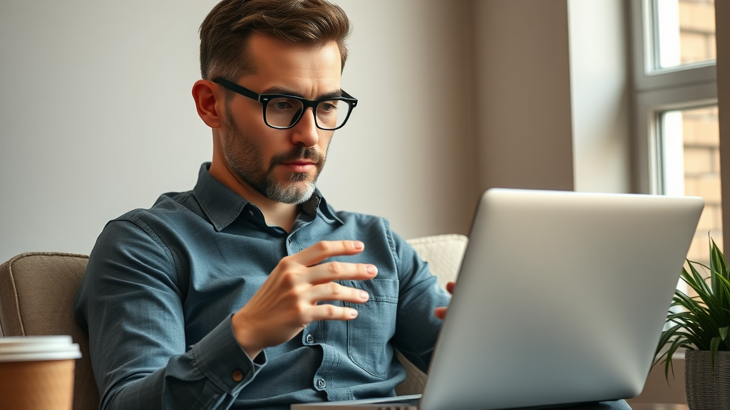 Marketing expert reviewing digital marketing portfolio for small business CMO services