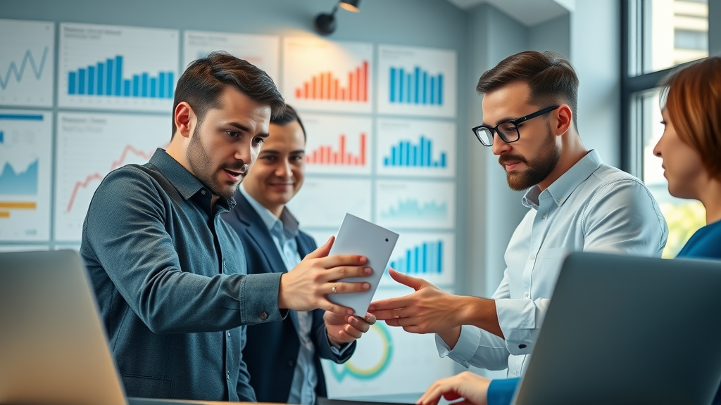 modern business team collaborating around digital marketing dashboard, small business marketing