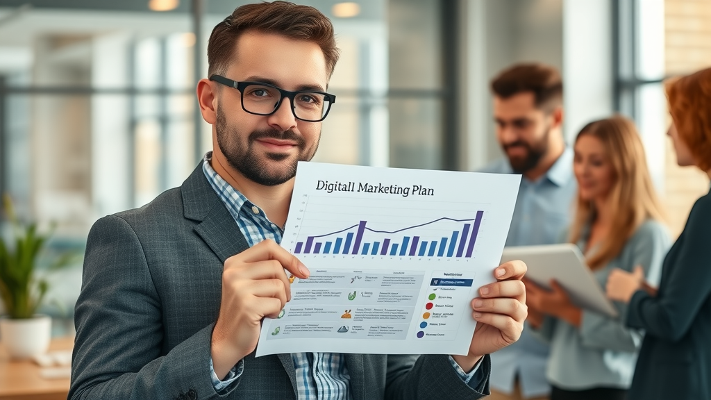 inspiring small business owner holding a digital marketing plan chart in a collaborative team setting with a modern office background, cost-effective marketing strategies