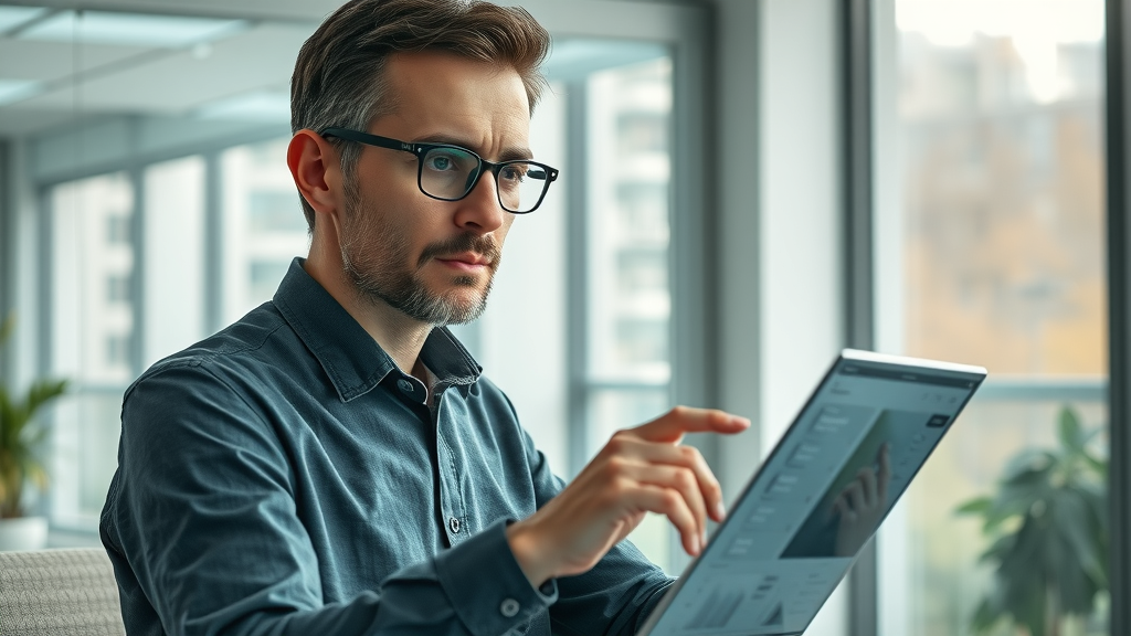 Expert writer using advanced AI assistant for content marketing 2025, editing content on transparent smart screen, tech office, highly detailed.