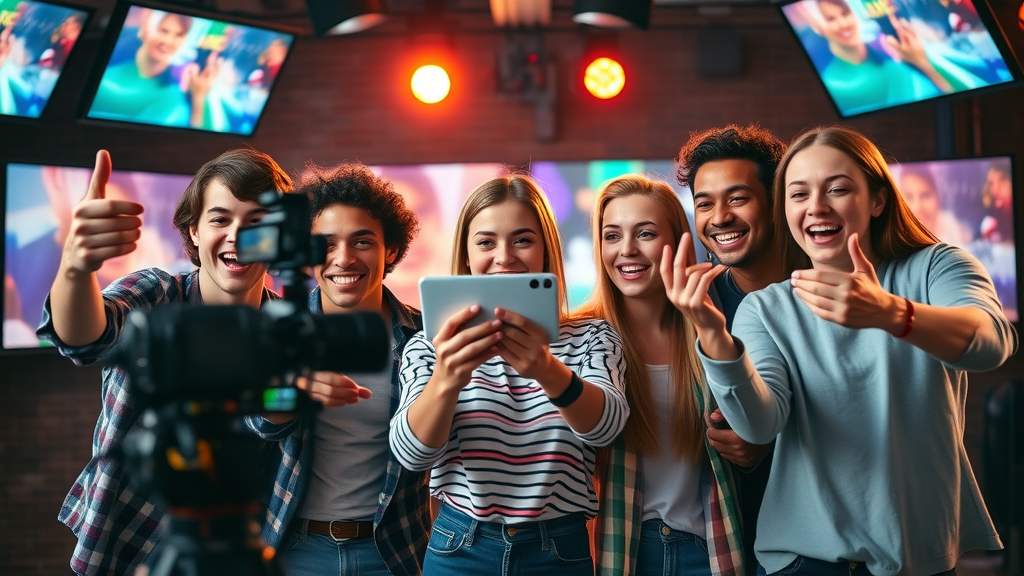 Young adults creating engaging video content for social media in a production studio - video content, social media market, content types
