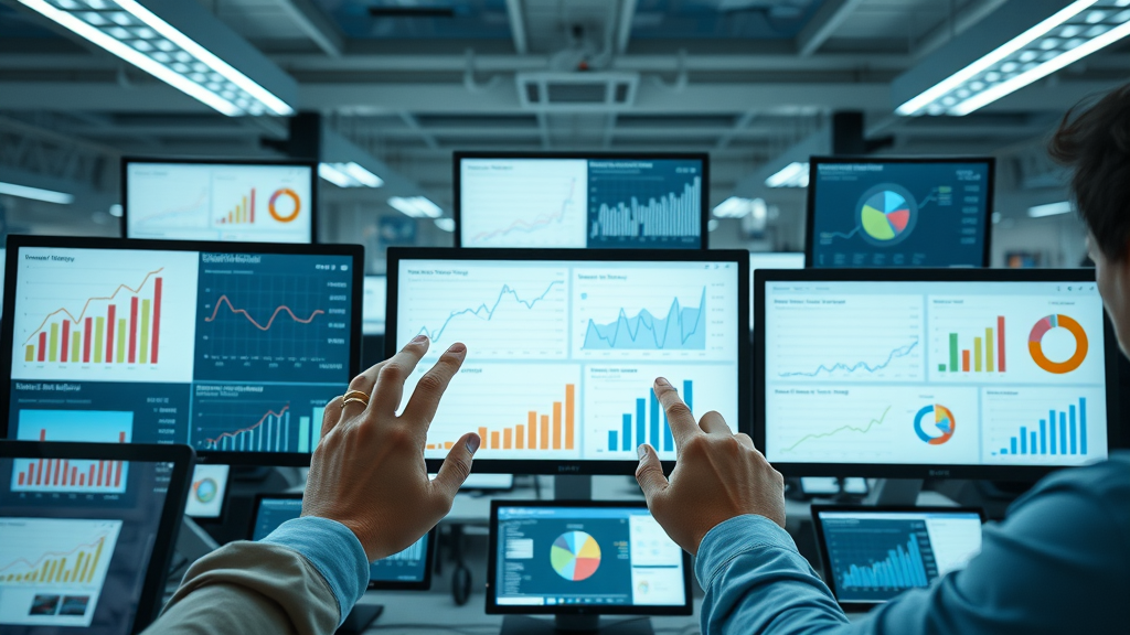 Diverse digital devices displaying marketing analytics metrics in a contemporary workspace