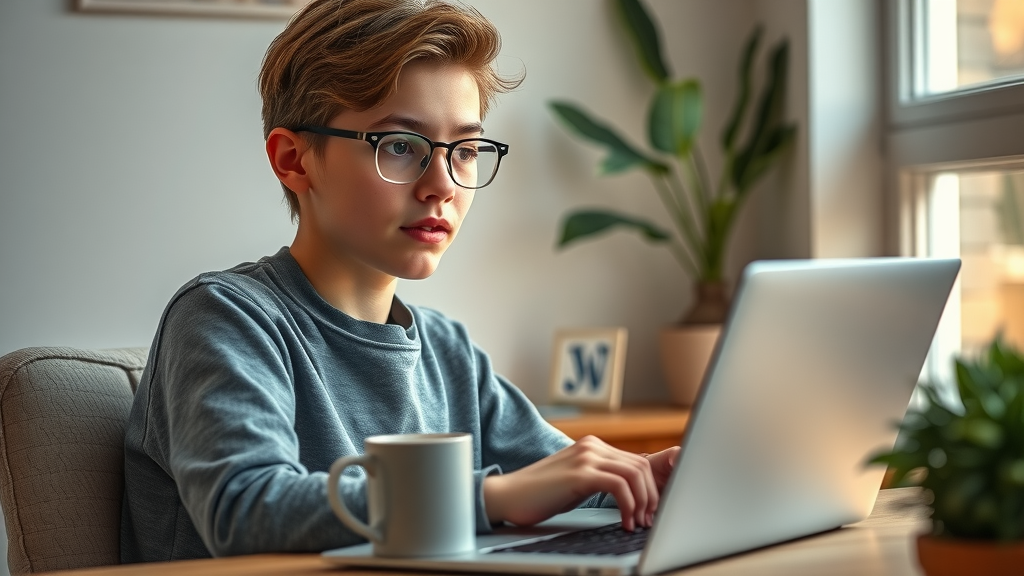 Young content creator writing a blog post on laptop, cozy workspace, ideas floating, effective content, highly detailed