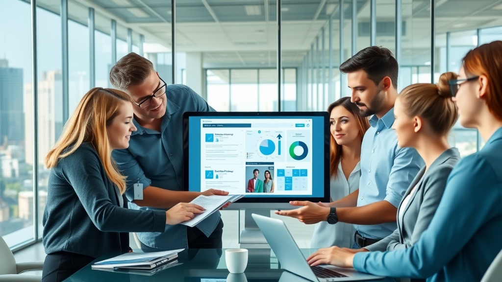 Marketers collaborating in modern office, focused on content marketing tools strategy with digital screen and city skyline in background