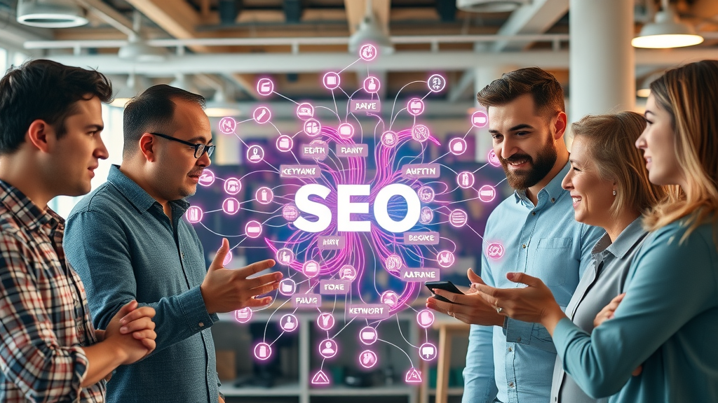 Creative SEO team brainstorming AI-powered keyword clusters for advanced content optimization