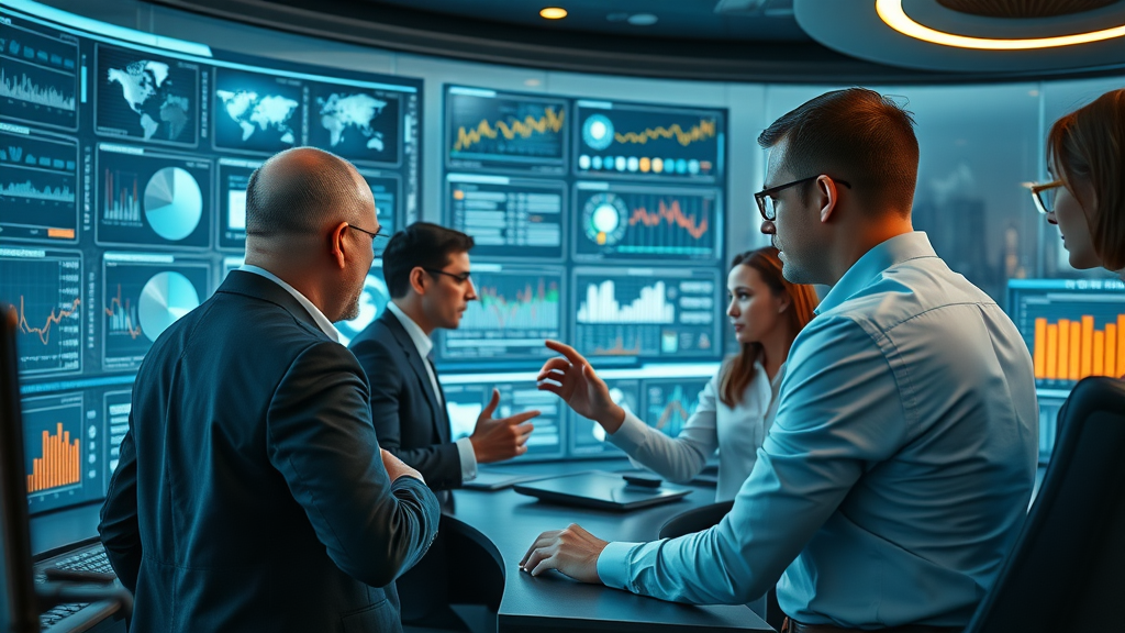 Small business team with AI consultant analyzing digital data and infographics, leveraging AI tools for business growth