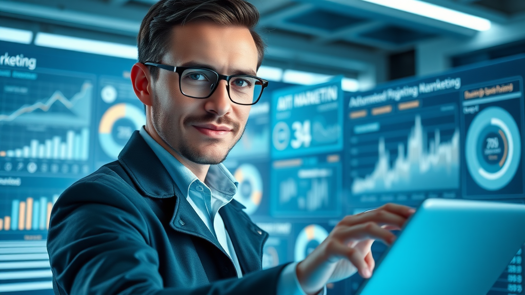 Futuristic marketing analyst managing AI-driven marketing dashboards with automated segmentation